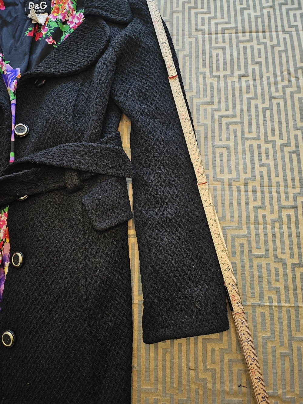 Vintage D&G Dolce & Gabbana Black Textured Wool Blend Belted Coat Floral IT 42 - Picture 6 of 8